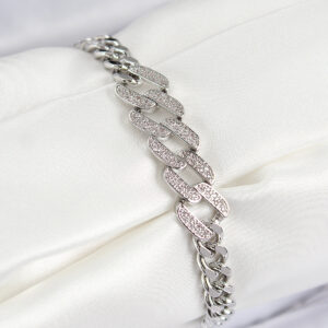 Pirinç Zirkon Taşlı Ezme Küba Zincir Model Gümüş Renk Kadın Bileklik BB7550