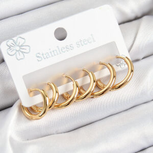 316L Çelik Halka Model Gold Renk 3'lü Set Kadın Küpe BKP10983