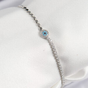 Pirinç Zirkon Taşlı Nazar Model Ezme Zincir Gümüş Renk Kadın Bileklik BB7584