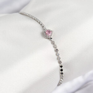 Pirinç Zirkon Taşlı Kalp Model Ezme Zincir Gümüş Renk Kadın Bileklik BB7586