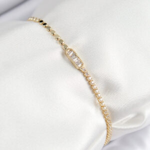 Pirinç Zirkon Taşlı Dikdörtgen Model Ezme Zincir Gold Renk Kadın Bileklik BB7593