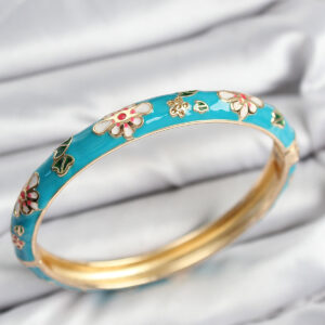 Mineli Pirinç Mavi Çiçek Motifli Gold Kadın Kelepçe BB7618