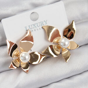 Pirinç İnci Detaylı Çiçek Model Gold Renk Kadın Küpe BKP11031