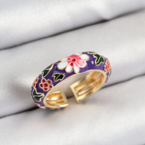 Pirinç Mor Mineli Çiçek Motifli Gold Renk Ayarlanabilir Kadın Yüzük BYK3803