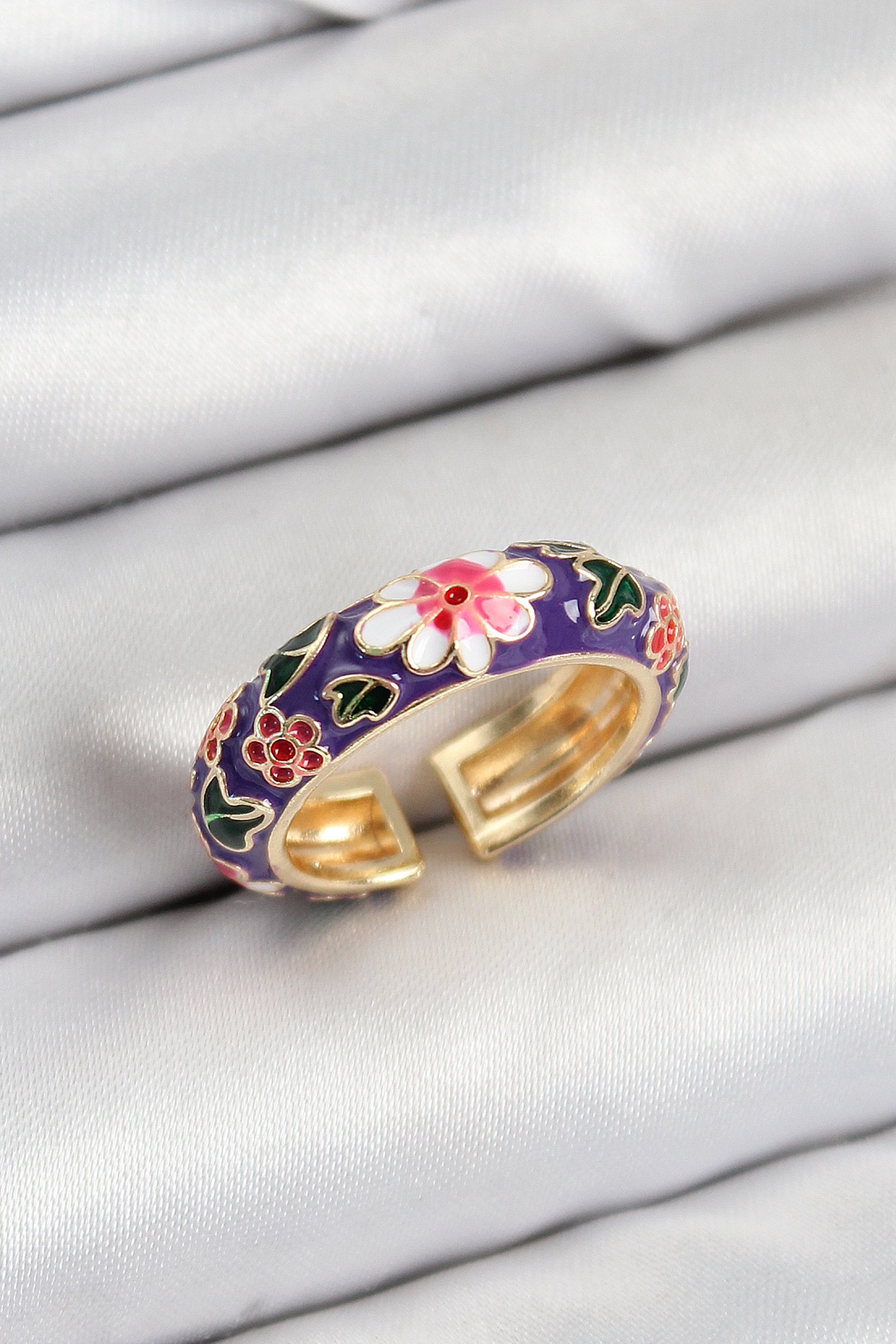 Pirinç Mor Mineli Çiçek Motifli Gold Renk Ayarlanabilir Kadın Yüzük BYK3803