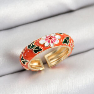 Pirinç Turuncu Mineli Çiçek Motifli Gold Renk Ayarlanabilir Kadın Yüzük BYK3804
