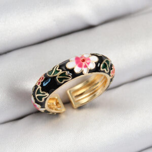 Pirinç Siyah Mineli Çiçek Motifli Gold Renk Ayarlanabilir Kadın Yüzük BYK3805