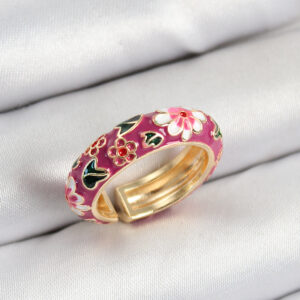 Pirinç Fuşya Mineli Çiçek Motifli Gold Renk Ayarlanabilir Kadın Yüzük BYK3807