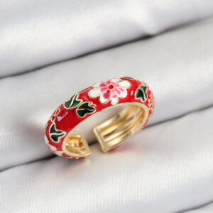 Pirinç Kırmızı Mineli Çiçek Motifli Gold Renk Ayarlanabilir Kadın Yüzük BYK3809