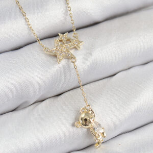 Pirinç Zirkon Taşlı Sallantılı Ayıcıklı Yıldız Model Gold Renk Kadın Kolye BKO10418