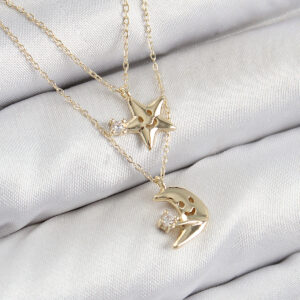 Pirinç Zirkon Taşlı Yıldız Ve Ay Model Gold Renk Kadın Kolye BKO10422