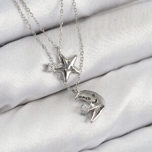 Pirinç Zirkon Taşlı Yıldız Ve Ay Model Gümüş Renk Kadın Kolye BKO10423