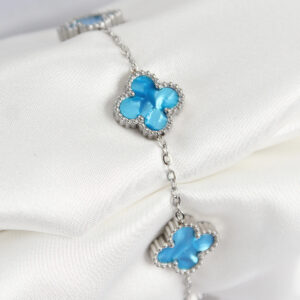 316L Çelik Sedefli Gökyüzü Mavisi Gümüş Renk Yonca Kadın Bileklik BB7667