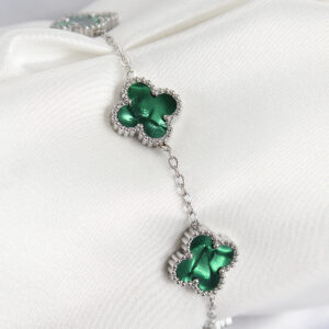 316L Çelik Sedefli Zümrüt Yeşil Gümüş Renk Yonca Kadın Bileklik BB7672