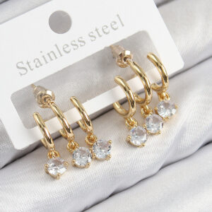 Pirinç Sallantılı Zirkon Taşlı Model Gold Renk Kadın Küpe BKP11097