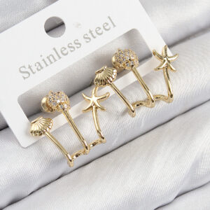 Pirinç Zirkon Taşlı Deniz Yıldızı ve İstiridye Model Gold Renk Kadın Küpe BKP11103