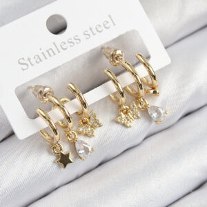 Pirinç Zirkon Taşlı Yıldız Ve Kelebek Model Gold Renk Kadın Küpe BKP11108