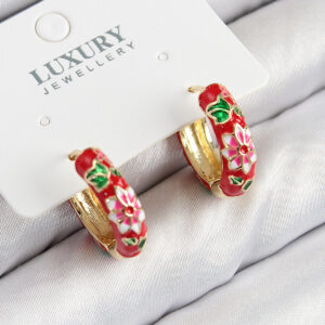 Pirinç Gold Renk Kırmızı Çiçek İşleme Mineli Kadın Küpe BKP11118