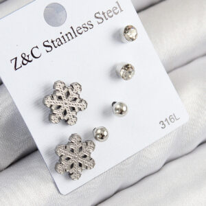 316L Çelik Zirkon Taşlı Kar Tanesi Model Gümüş Renk Kadın Set Küpe BKP11121