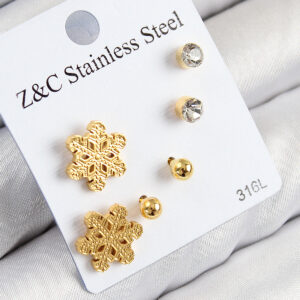 316L Çelik Zirkon Taşlı Kar Tanesi Model Gold Renk Kadın Set Küpe BKP11122