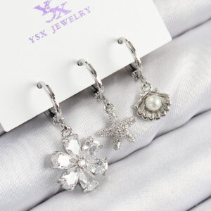 Pirinç Zirkon Taşlı 3'lü Çiçek Ve İstiridye Model Gümüş Renk Kadın Küpe BKP11129