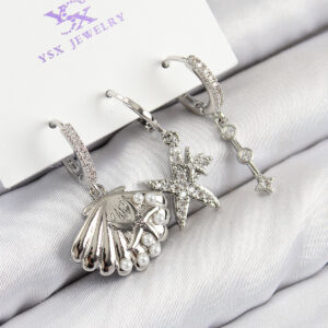 Pirinç Zirkon Taşlı 3'lü Yıldız Ve İstiridye Model Gümüş Renk Kadın Küpe BKP11131