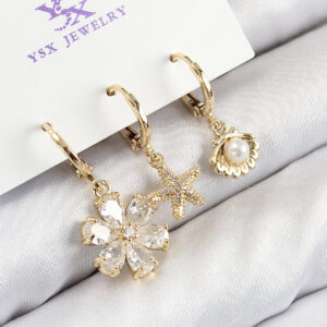 Pirinç Zirkon Taşlı 3'lü İstiridye Ve Çiçek Model Gold Renk Kadın Küpe BKP11137