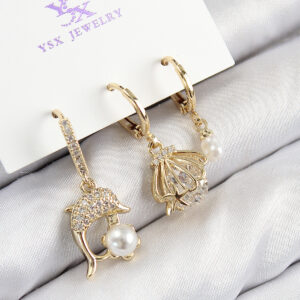 Pirinç Zirkon Taşlı 3'lü Yunus Balığı Ve İstiridye Model Gold Renk Kadın Küpe BKP11139