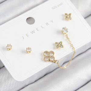 Pirinç Zirkon Taşlı Yonca Model Gold Renk 925 Ayar Gümüş Çivi Kadın Küpe Set BKP11158