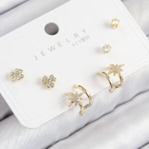 Pirinç Zirkon Taşlı Kutup Yıldızı Model Gold Renk 925 Ayar Gümüş Çivi Kadın Küpe Set BKP11168