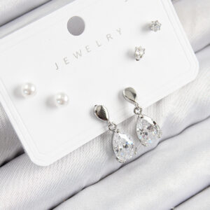 Pirinç Zirkon Taşlı Sallantılı Damla Model Gümüş Renk 925 Ayar Gümüş Çivi Kadın Küpe Set BKP11171