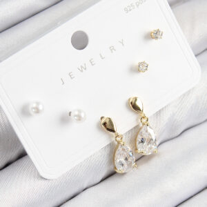 Pirinç Zirkon Taşlı Sallantılı Damla Model Gold Renk 925 Ayar Gümüş Çivi Kadın Küpe Set BKP11172