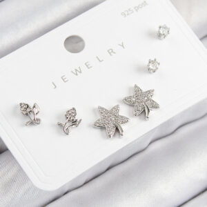 Pirinç Zirkon Taşlı Yıldız Ve Gül Model Gümüş Renk 925 Ayar Gümüş Çivi Kadın Küpe Set BKP11179