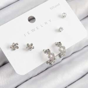 Pirinç Zirkon Taşlı Halka Model Gümüş Renk 925 Ayar Gümüş Çivi Kadın Küpe Set BKP11185