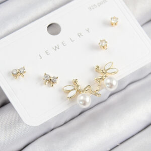 Pirinç Zirkon Taşlı İnci Melek Model Gold Renk 925 Ayar Gümüş Çivi Kadın Küpe Set BKP11188