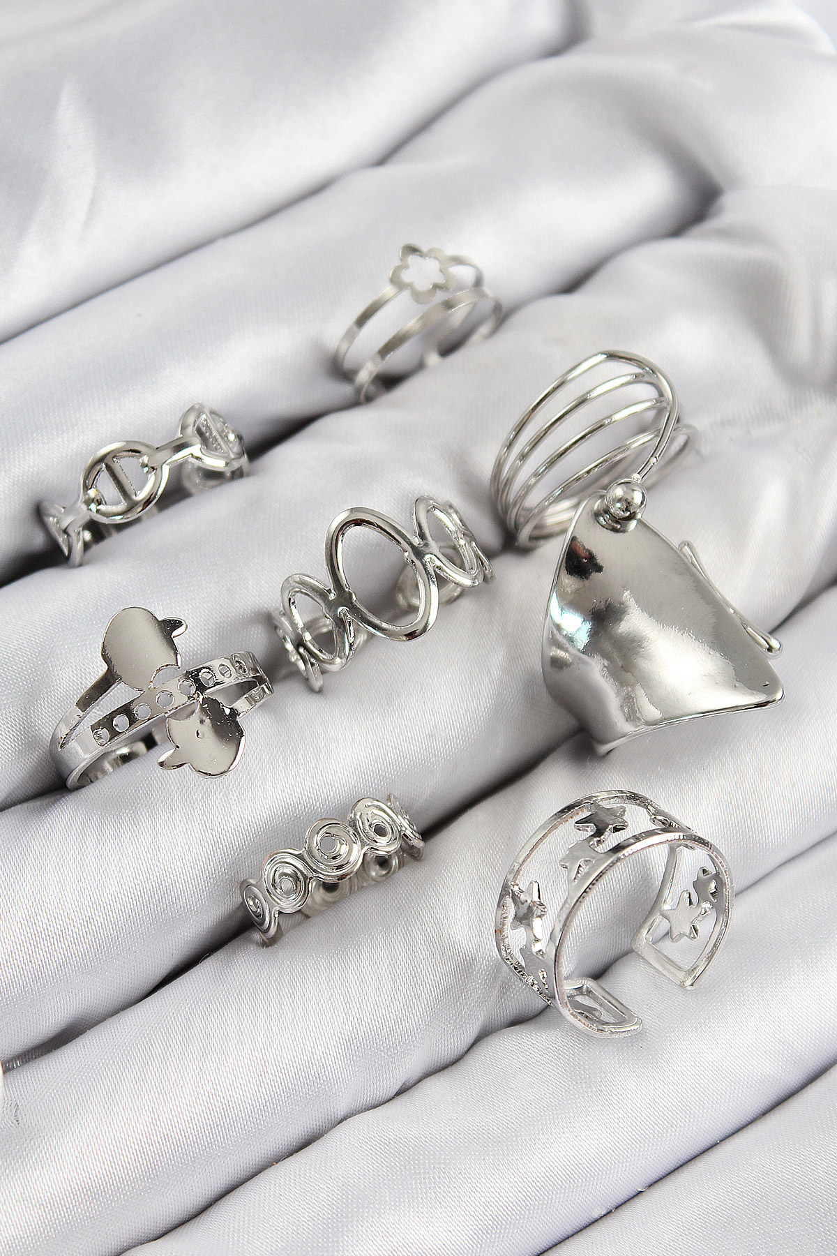 Pirinç Sarmal Ve Yıldız Model Gümüş Renk Kadın Yüzük Kombin Set BYK3812