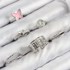 Pirinç Kelebek Ve Kalp Model Gümüş Renk Kadın Yüzük Kombin Set BYK3816