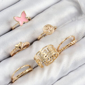 Pirinç Kelebek Ve Kalp Model Gold Renk Kadın Yüzük Kombin Set BYK3817