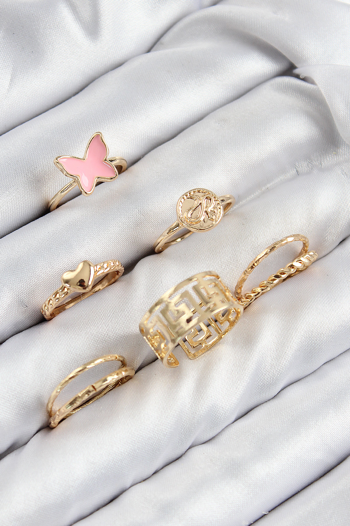 Pirinç Kelebek Ve Kalp Model Gold Renk Kadın Yüzük Kombin Set BYK3817