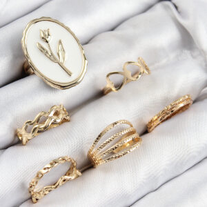 Pirinç Zirkon Taşlı Lale Model Gold Renk Kadın Yüzük Kombin Set BYK3825