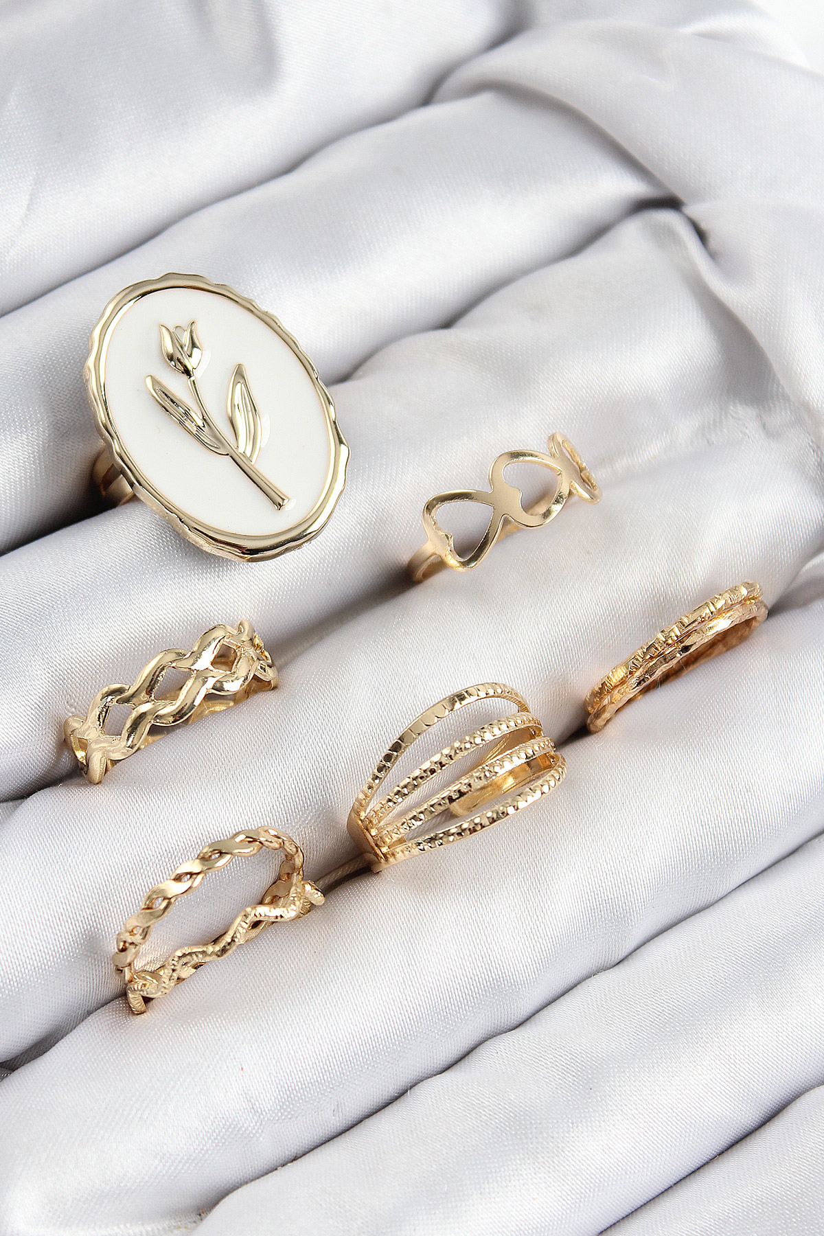 Pirinç Zirkon Taşlı Lale Model Gold Renk Kadın Yüzük Kombin Set BYK3825