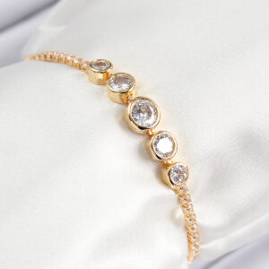 Pirinç Zirkon Taşlı Sıralı Daire Model Gold Renk Asansörlü Kadın Bileklik BB7719