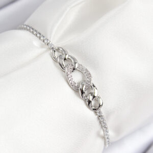 Pirinç Zirkon Taşlı Zincir Model Gümüş Renk Asansörlü Kadın Bileklik BB7734