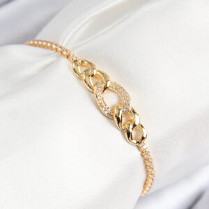 Pirinç Zirkon Taşlı Zincir Model Gold Renk Asansörlü Kadın Bileklik BB7735