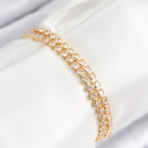 Pirinç Zirkon Taşlı Çift Sıra Model Gold Renk Asansörlü Kadın Bileklik BB7739