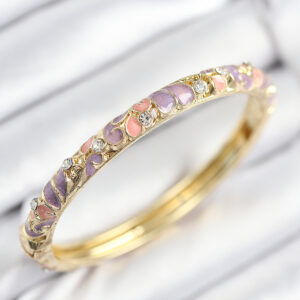 Mineli Pirinç Zirkon Taşlı Pembe Mor Çiçek Motifli Gold Kadın Kelepçe BB7814