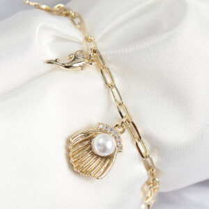 Pirinç Zirkon Taşlı İncili İstiridye Model Gold Renk Kadın Bileklik BB7774