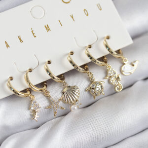 Pirinç Zirkon Taşlı İstiridye Balina Ve Yıldız Gold Renk 6'lı Küpe Set BKP11203