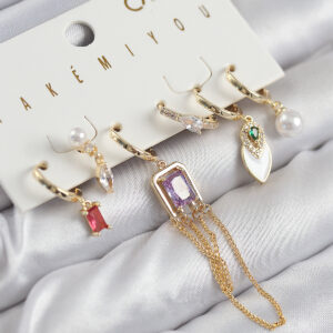 Pirinç Zirkon Taşlı Sallantılı Ve İncili Gold Renk 6'lı Küpe Set BKP11204