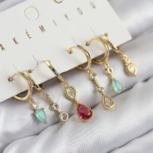 Pirinç Zirkon Taşlı Sallantılı Model Gold Renk 6'lı Küpe Set BKP11205